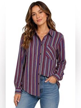 Velvet Heart Striped Button Front Blouse Size Large 100% Rayon Multicolor